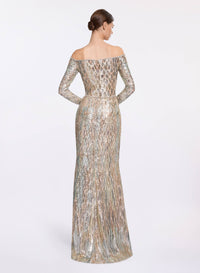 Sequin Embroidered Off-The-Shoulder Gown