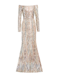 Sequin Embroidered Off-The-Shoulder Gown