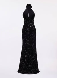 Halter-Neck Embroidered Velvet Dress