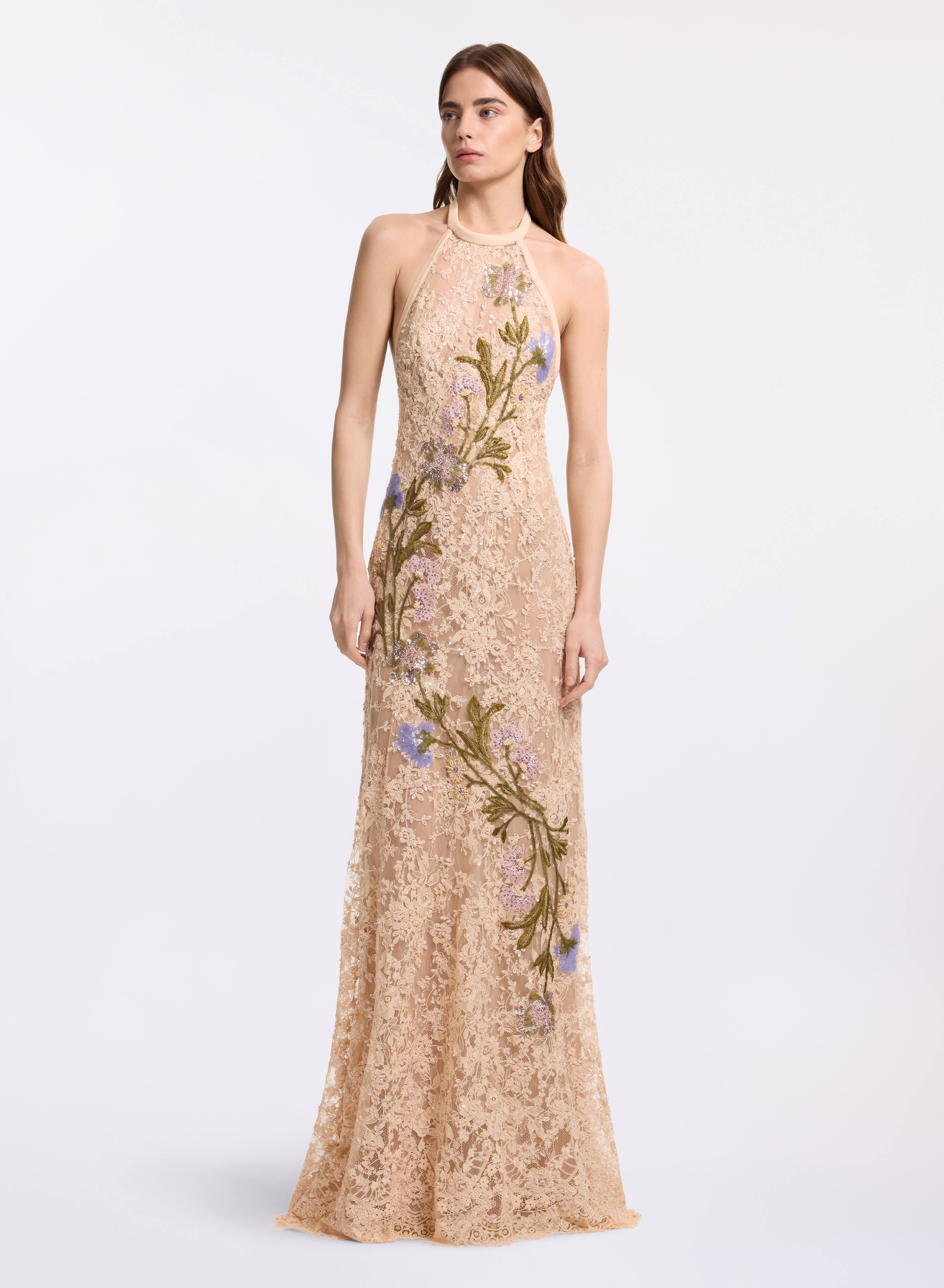 elie saab bead embroidered long dress Lace – Long Sleeve Wedding Dresses & Bridal Gowns Color:Burnished Gold Women's Light turquoise Cotton