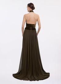 Halter Neck Velvet & Chiffon Dress