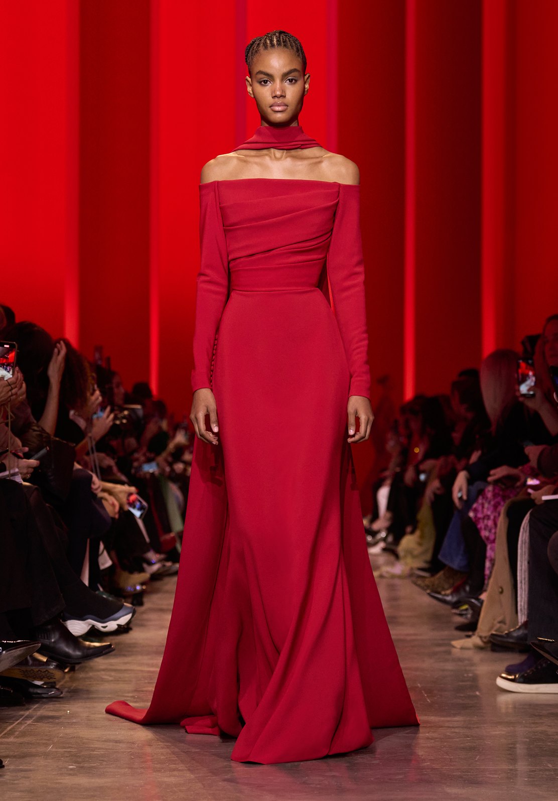 elie saab burgundy dress Elie Saab Paris, Haute Couture A W Burgundy floorlength gown spaghetti straps pleated chiffon velvet sequinned panels and Stock Photo