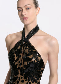 Embroidered Halter Gown