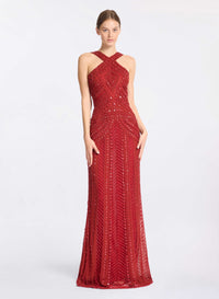 Bead Embroidered Halter Long Dress