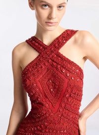 Bead Embroidered Halter Long Dress