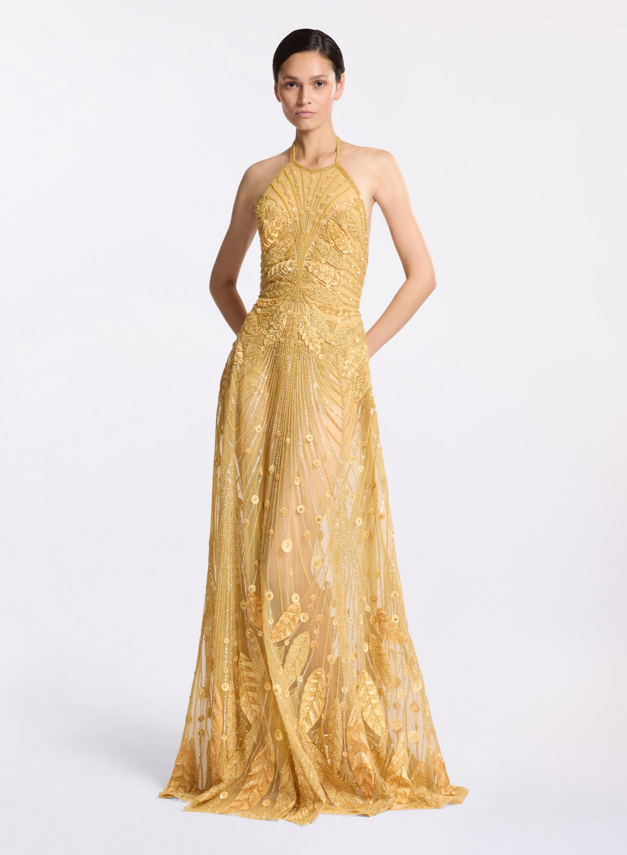 green emerald velvet dress SALMA Fluted Sleeve Longline Fishtail Midi Dress In Yellow main image 0