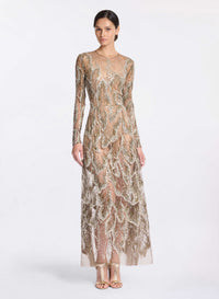 Embroidered Tulle Long-Sleeved Dress