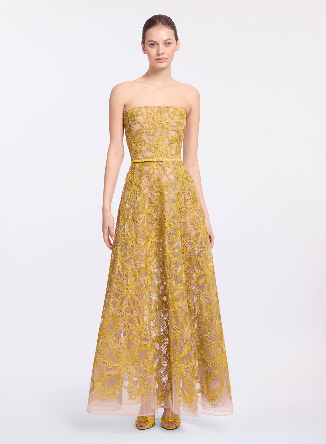 green emerald velvet dress Champagne Tea-Length Floral Embroidered Gown main image 1