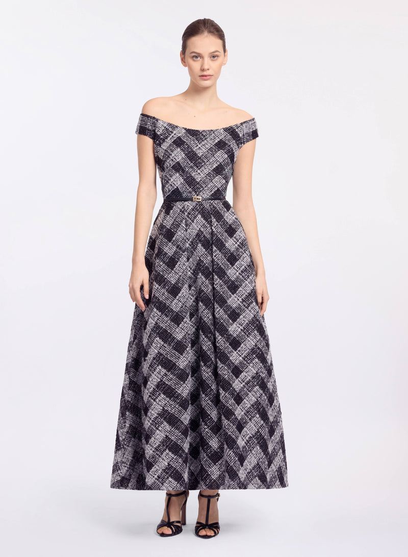 Chevron Off-Shoulder Midi Dress