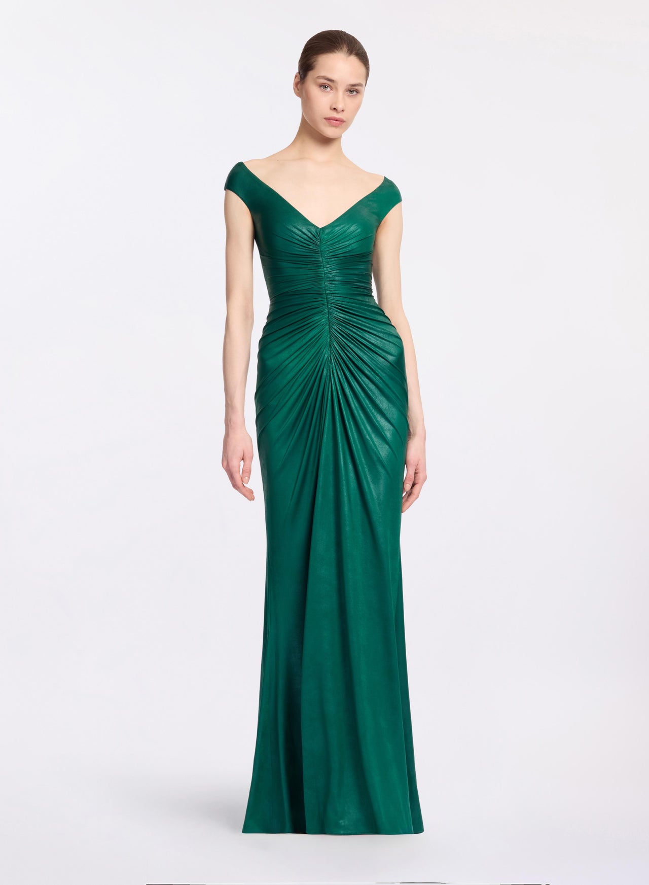 Off-The-Shoulder Jersey Leatherette Long Dress
