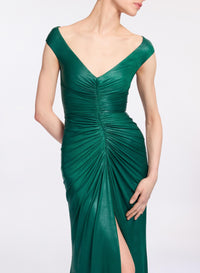 Off-The-Shoulder Jersey Leatherette Long Dress