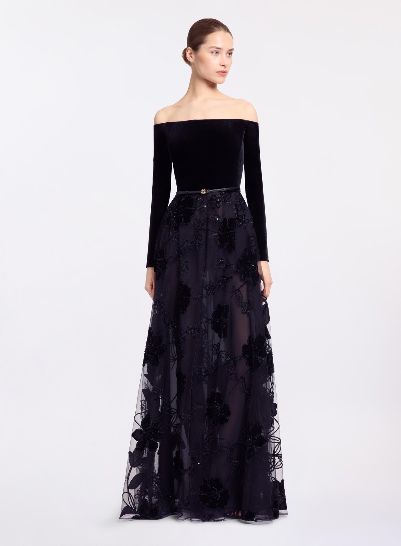 Off-The-Shoulder Velvet Embroidered Dress