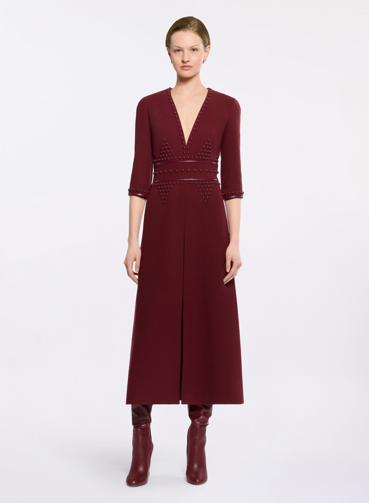 Embellished Wool Midi Dress Burgundy Bliss / 38 Embellished Wool Midi Dress Burgundy Bliss / 38