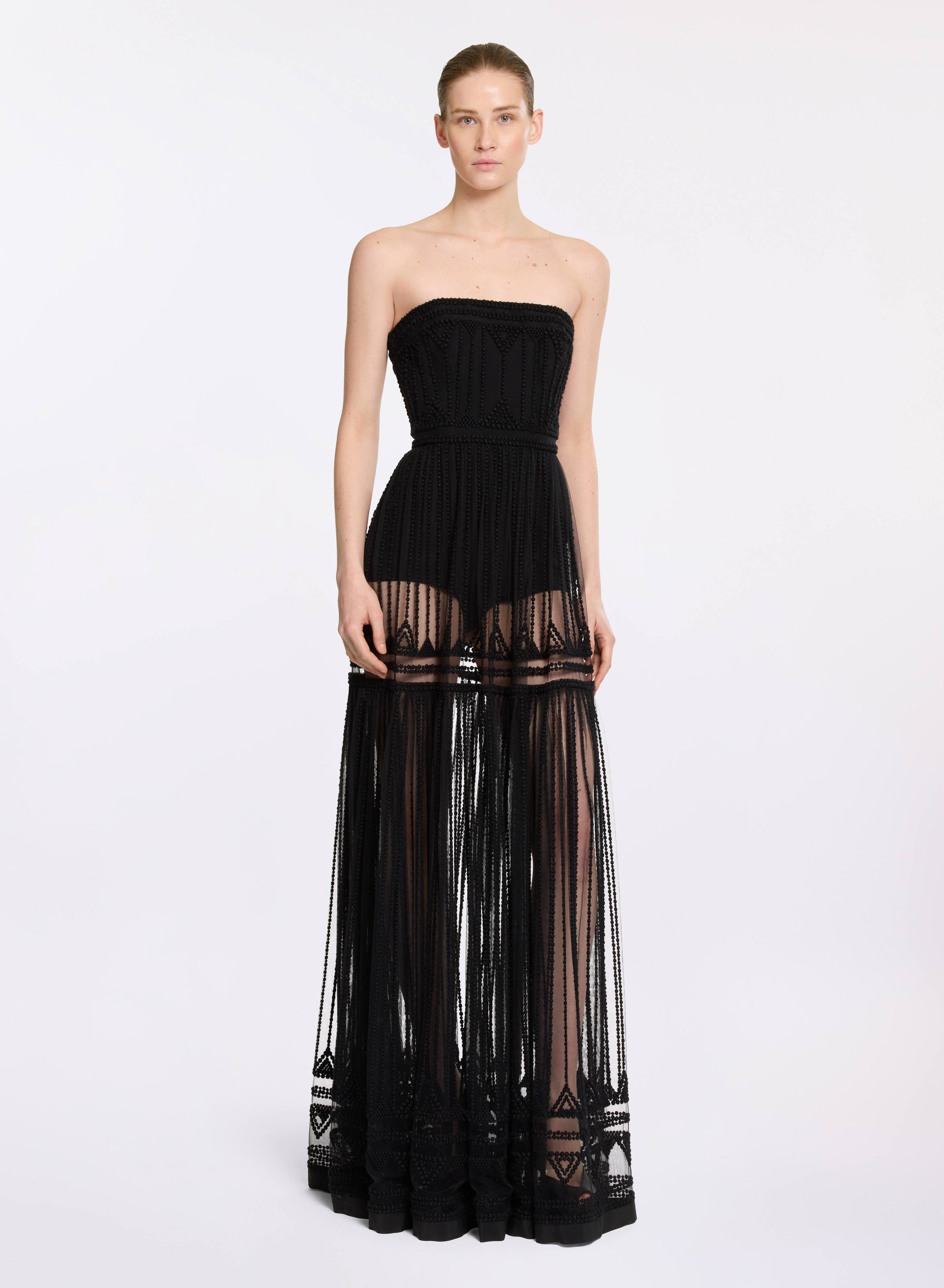 elie saab embroidered tulle long dress Embroidered lace and tulle gown in orange - Elie Saab