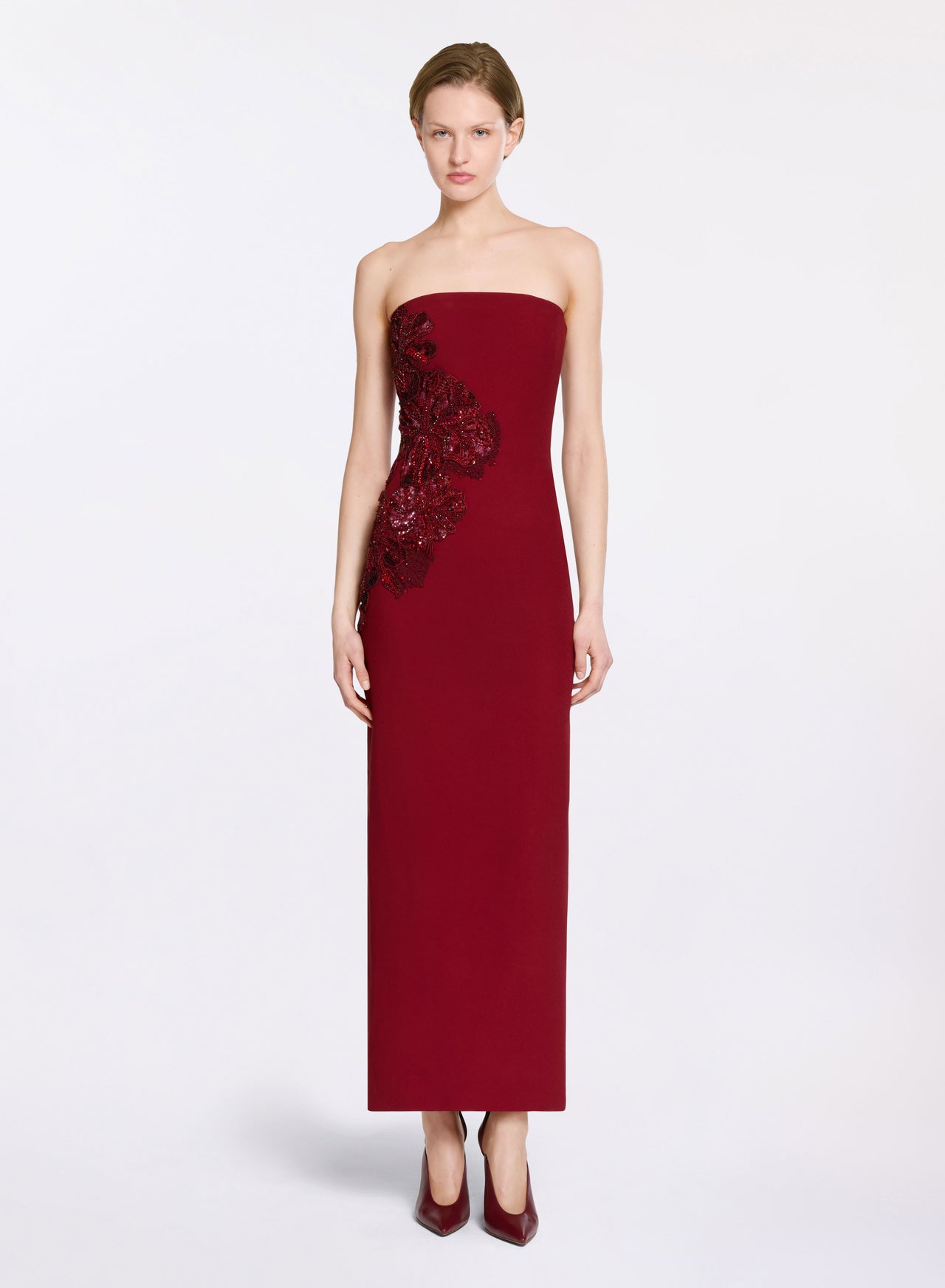 red embellished midi dress Jovana | Burgundy Hand-Embellished Crew-Neck Midi Dress With Drop Waist