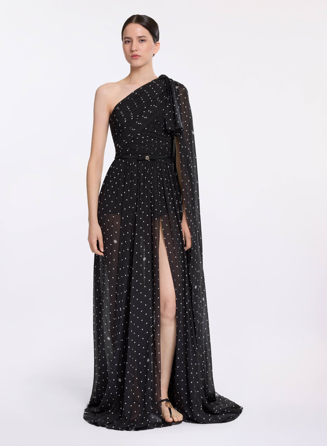 One-Shoulder Polka Dot Dress Black Polka Dots / 38