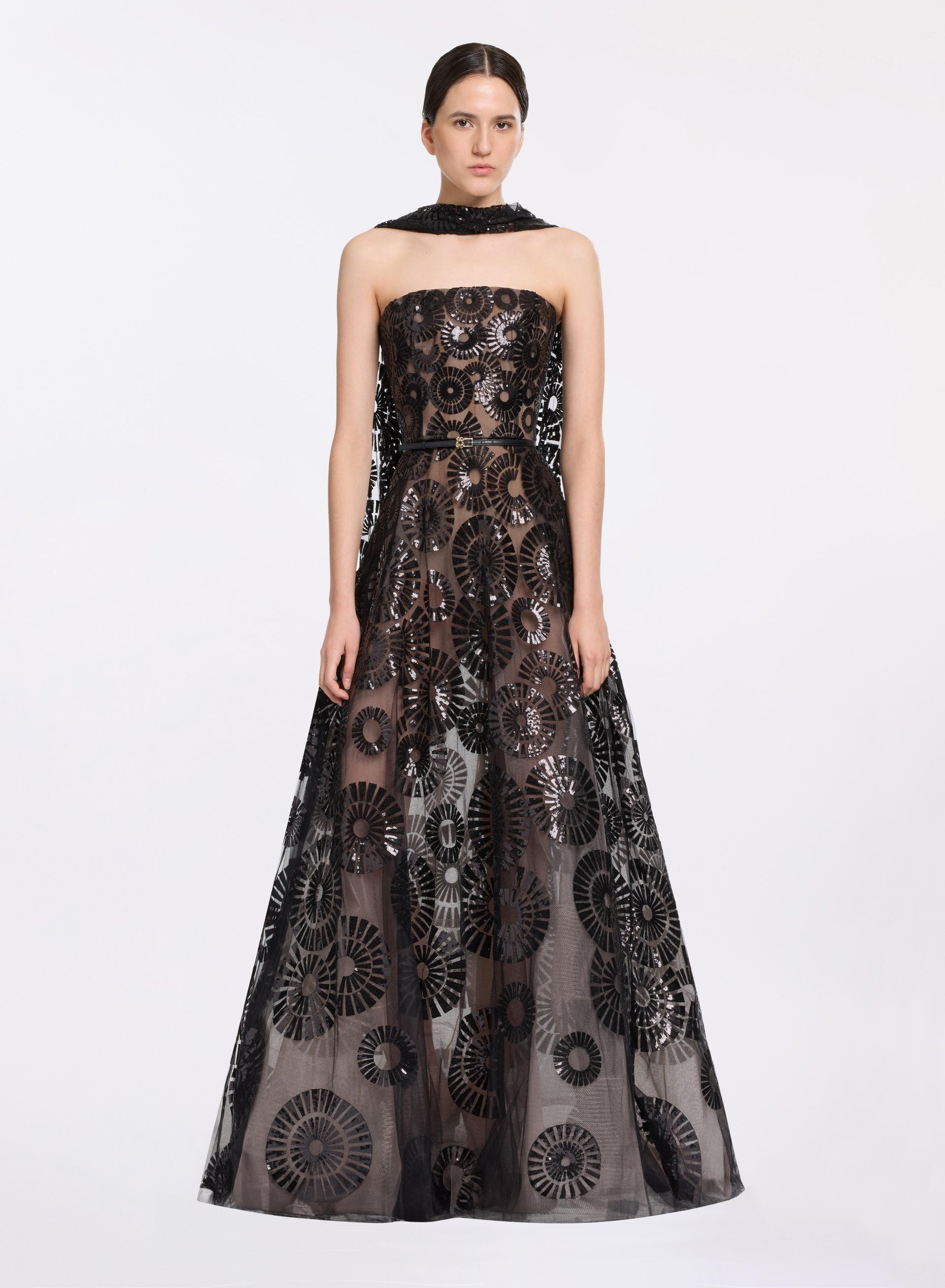 elie saab black sequin dress Sequin Embroidered Midi Dress, Black SILVER / 6