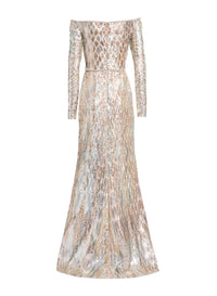 Sequin Embroidered Off-The-Shoulder Gown