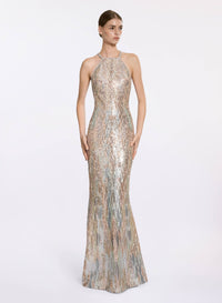 Sequin Embroidered Halter Neck Gown