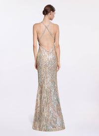 Sequin Embroidered Halter Neck Gown