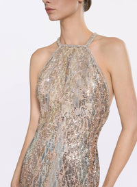 Sequin Embroidered Halter Neck Gown