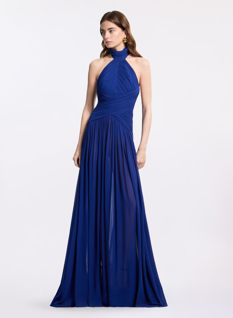 Halter Neck Draped Silk Dress