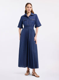 Pleated Denim Midi Dress