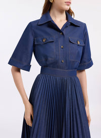 Pleated Denim Midi Dress