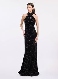 Halter-Neck Embroidered Velvet Dress