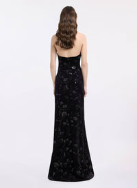Halter-Neck Embroidered Velvet Dress