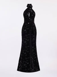 Halter-Neck Embroidered Velvet Dress