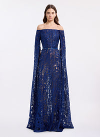 Off-the-Shoulder Sequin Embroidered Gown