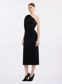 Asymmetric Embellished Cady Midi Dress