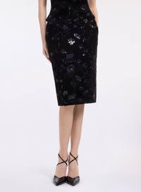 Embroidered Velvet Pencil Skirt